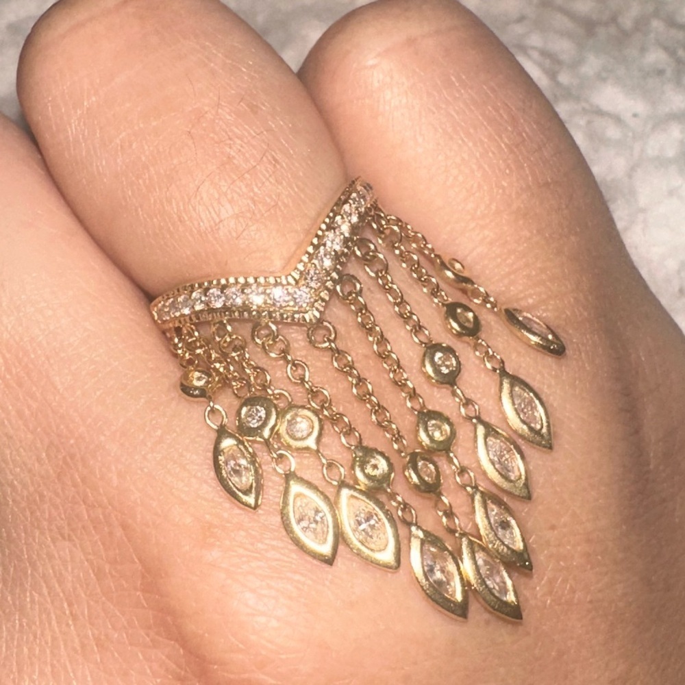 RARE 14K💍JACQUIE AICHE EXTRA LONG DIAMOND SHAKER RING DANGLE GOLD FRINGE RING